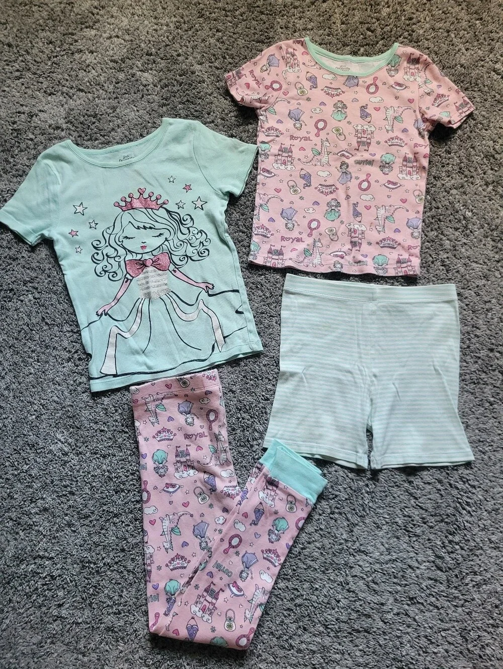 Girls Pink & Mint Princess Pajama Set - Soft Cotton Pants & Shorts Size 6 Bundle
